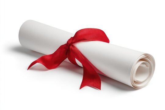 Rolled white paper document tied with a red ribbon