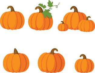 Orange Pumpkins Vector Set, Fall Harvest and Halloween Icons in Vector Format.