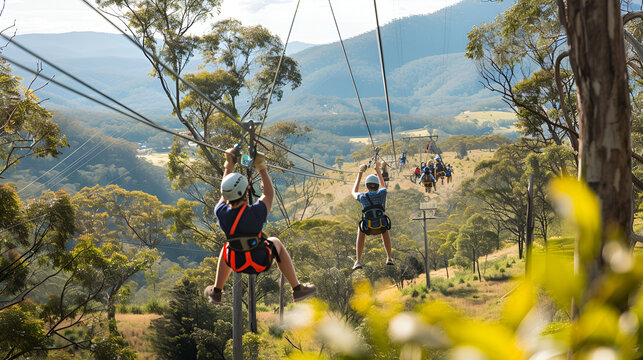 Thrilling zipline adventure over lush green valley on a sunny day