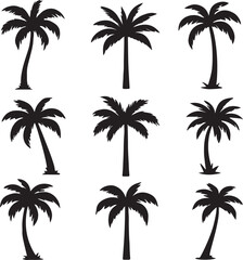 Fototapeta premium Palm Tree Silhouettes Set, Tropical Vector Illustrations on White Background.