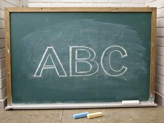 Green chalkboard with abc written in chalk and chalk sticks on the ledge