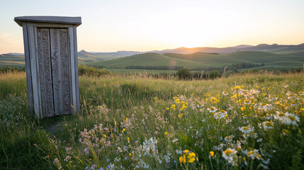 A unique purple wooden door stands alone in a vibrant meadow filled with wildflowers. The warm hues of sunset illuminate the landscape, enhancing the tranquility of the scene