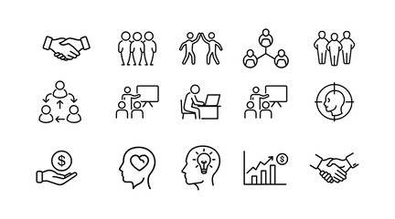 Business and teamwork line icon set – collaboration, leadership, training, innovation, employee management, goal targeting, growth, and finance concepts in modern outline style