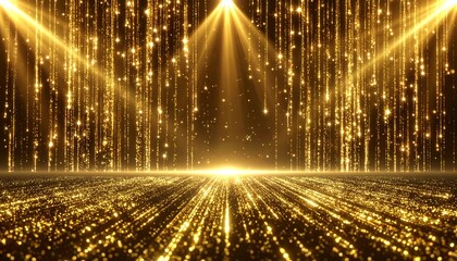 Golden glitter falling from above illuminates a stage