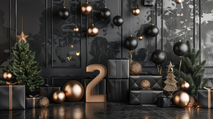 Modern christmas scene with metallic ornaments and gifts