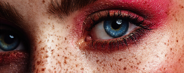 Close-up of a person with striking blue eyes and vibrant makeup showcasing artistic beauty details during a fashion event