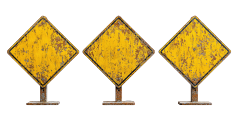 Three weathered yellow diamond-shaped signs on wooden stands