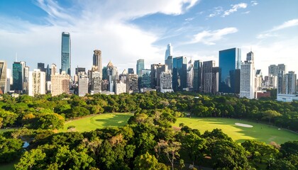 Obraz premium Lush green park contrasting a vibrant city skyline under a bright, partly cloudy sky