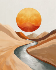 Desert oasis with winding river under a fiery sunset