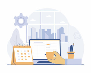 Productivity and Time Management Illustration with Calendar Laptop and Coffee Cup on Desk