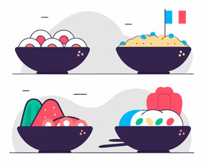 Four Bowls of Food with Different Toppings and a French Flag Illustration