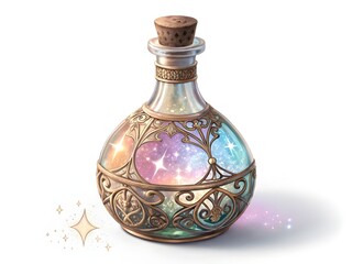 Ornate glass bottle filled with glowing colorful magical liquid and sparkles