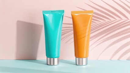 Two vibrant cosmetic tubes, teal and orange, bathed in soft light with palm leaf shadows