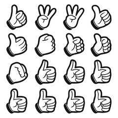 Collection of cartoon hands giving thumbs up and fist gestures on white background icon