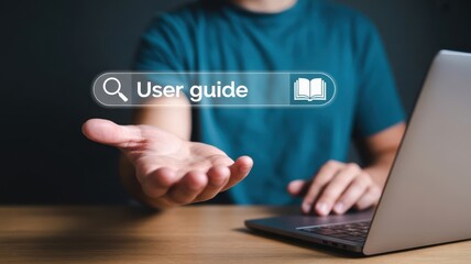 Accessing User Guides: A hand presenting a search bar with "User guide" and a book icon, illustrating seamless information retrieval and product support for enhanced user experience.