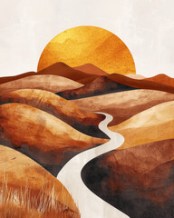 Golden sun over winding path through desert hills