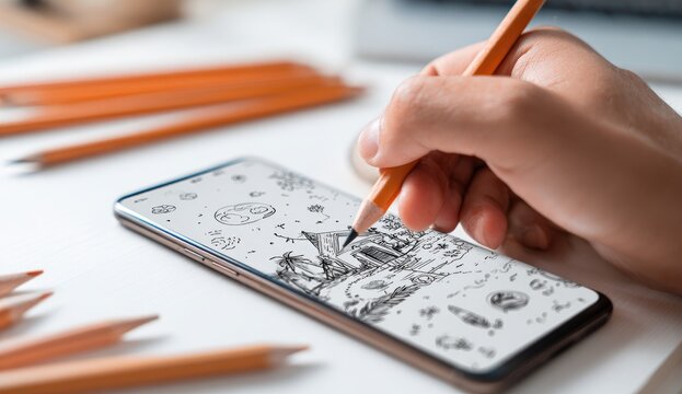 Hand drawing on smartphone screen - Powered by Adobe