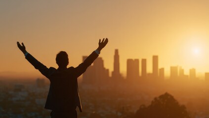 Silhouetted businessman with arms raised, gazing at a sun-drenched cityscape at sunset, conveying a sense of achievement and success