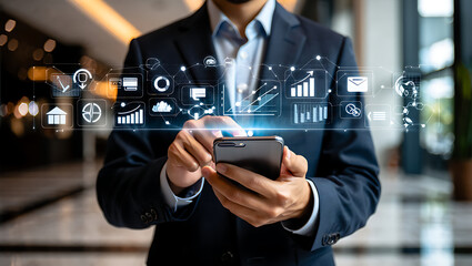 Businessman using mobile smartphone and icon network connection data with growth graph customer, digital marketing, banking and payment online, analysis and planning of business, Generative Ai