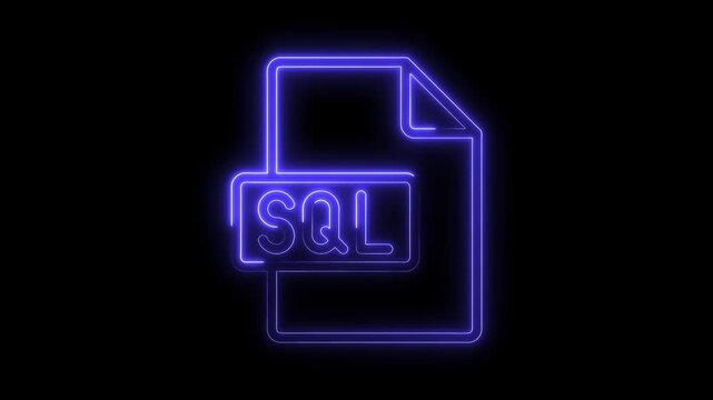 Glowing blue neon S Q L file icon on black background digital technology concept abstract symbol data