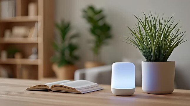 A peaceful indoor scene with a lamp, plant, and an open book.