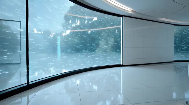 Modern conference room with large windows and sleek design.