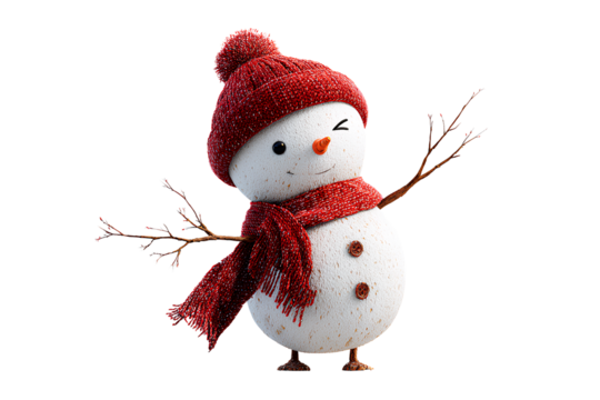 - Playful Snowman Leaning to the Side with Winking Face, Red Beanie and Scarf, Angled Perspective Transparent Background PNG