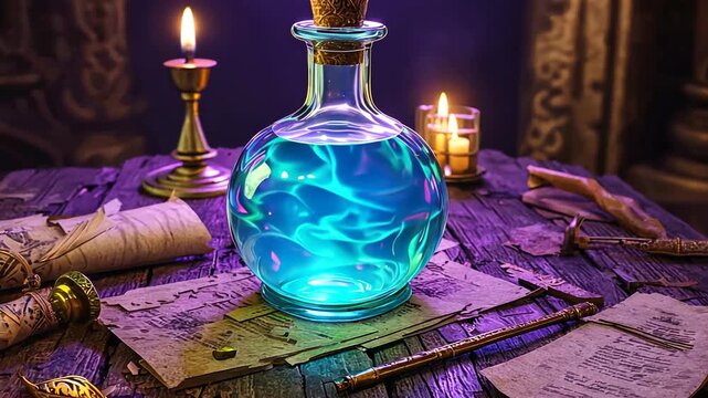 Enchanted potion bottle glowing on a wooden table surrounded by candles and ancient scrolls