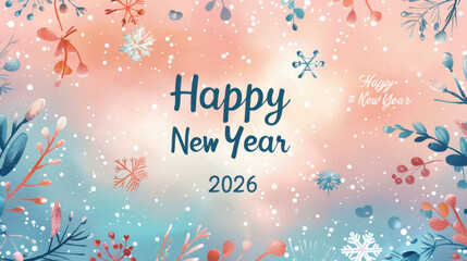 Whimsical watercolor happy new year 2026 greeting with festive flora
