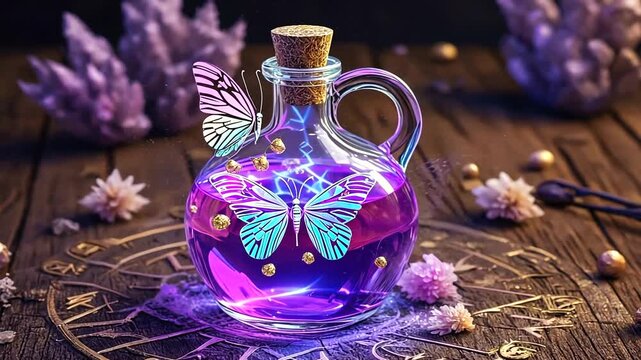 Enchanted potion bottle with butterflies on a mystical altar surrounded by glowing crystals and flowers
