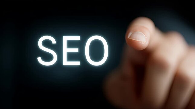 A hand pointing at the word 'SEO' glowing on a dark background.