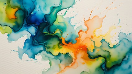 Abstract watercolor art featuring flowing colors of blue green orange and yellow on white background