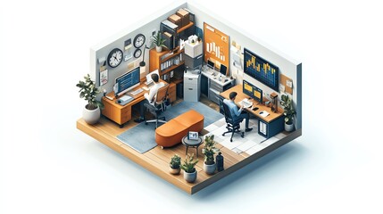 Modern Office Workspace with Two Employees Analyzing Data and Working on Computers