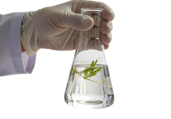 Gloved Hand Holding Erlenmeyer Flask with Plant Sample on Transparent background