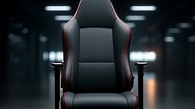 A sleek black office chair on a polished floor in a dimly lit space.