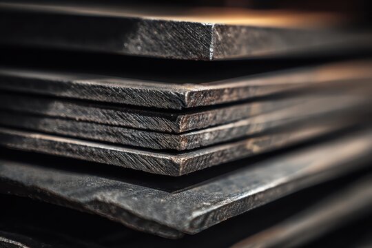 Steel sheets stacked in a warehouse used in manufacturing, with dark ambiance