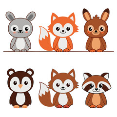 Fototapeta premium Cute Cartoon Forest Animals Sitting on a Line and Standing rabbit