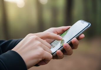 Traveler exploring a sunlit forest trail using a smartphone's GPS for navigation and guidance. Modern technology meets outdoor adventure.