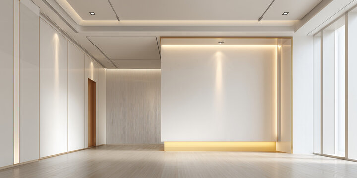B&uuml;ro, Flur, wei&szlig;e Wand, sauber und einfach, das Gesamtbild ist fortschrittlich, hellgelber Boden, sanfte Beleuchtung, minimalistische Decke, minimalistischer Stil, leerer Raum