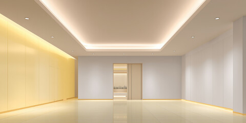 B&uuml;ro, Flur, wei&szlig;e Wand, sauber und einfach, das Gesamtbild ist fortschrittlich, hellgelber Boden, sanfte Beleuchtung, minimalistische Decke, minimalistischer Stil, leerer Raum