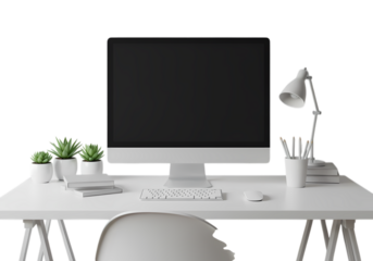 Minimalist White Desk Workspace on Transparent background