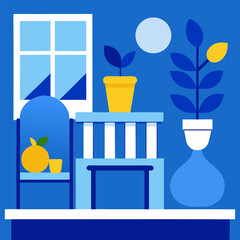 Blue garden furniture on the balcony with pots vector landscape background.
