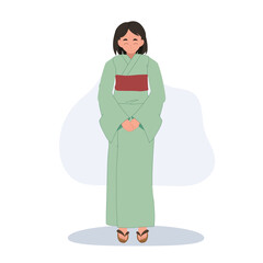 A young Japanese woman wearing a green yukata bows respectfully.