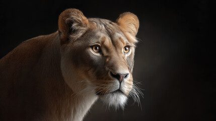 Obraz premium Lioness looks you with intense and focused eyes dark background