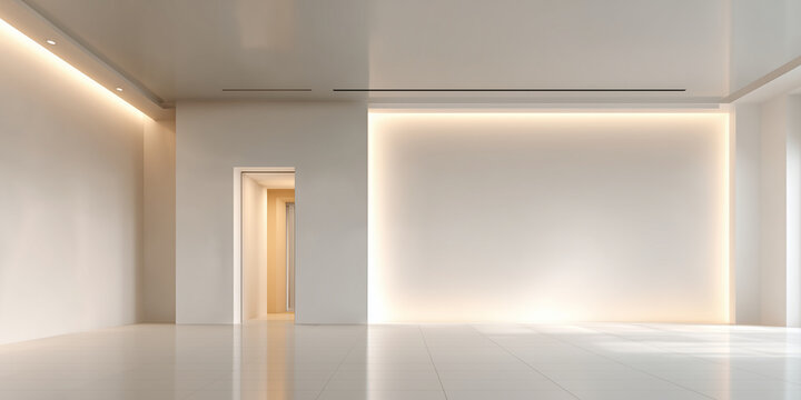 B&uuml;ro, Flur, wei&szlig;e Wand, sauber und einfach, das Gesamtbild ist fortschrittlich, hellgelber Boden, sanfte Beleuchtung, minimalistische Decke, minimalistischer Stil, leerer Raum