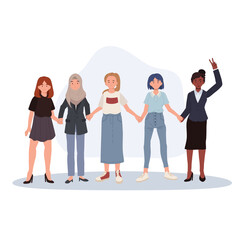 Obraz premium female unity multicultural women standing together in support. women holding hands standing together