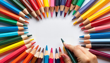 Colorful pencils arranged in a circle on a white background
