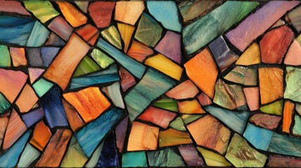 Overhead view of stained glass fragments arranged into a radiant abstract composition