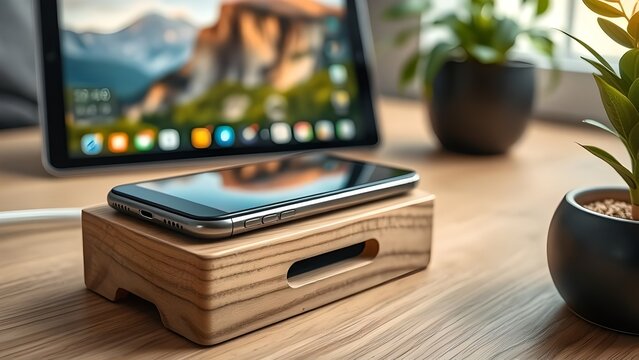 A smartphone rests on a wooden charging stand on a desk