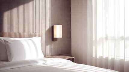 Stylish hotel room with crisp linens and morning sunlight filtering through sheer curtains.